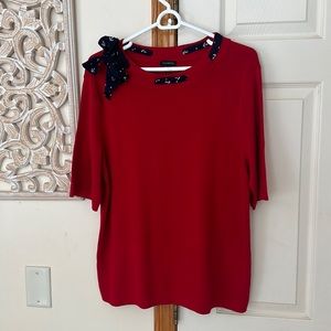 Talbots Red/Navy Short Sleeve Knit Sweater/Top with Woven Scarf details. Size XL